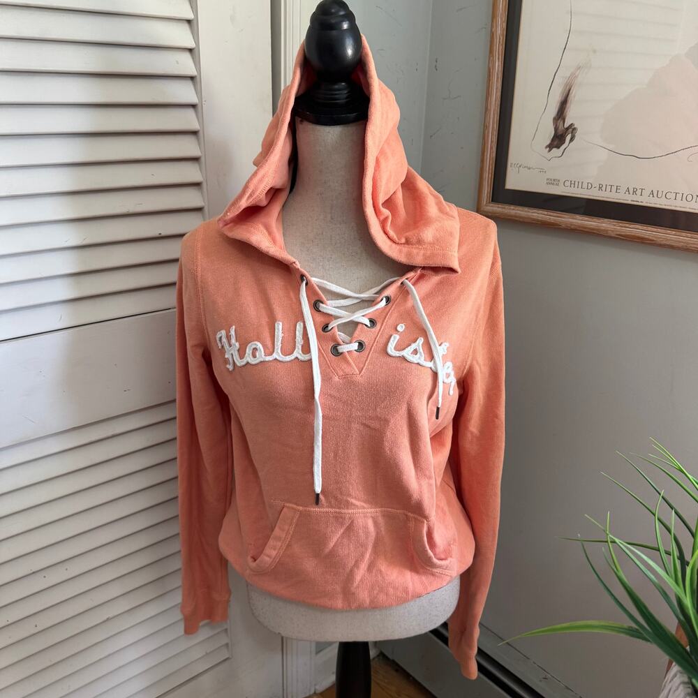 Hollister Hoodie Womens Medium Peach Orange Full Zip Raised Logo Spellout Y2K